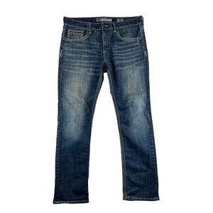 BKE Buckle Jake Straight Mens 34X31 Thick Stitch Stretch Dark Blue Denim Jeans